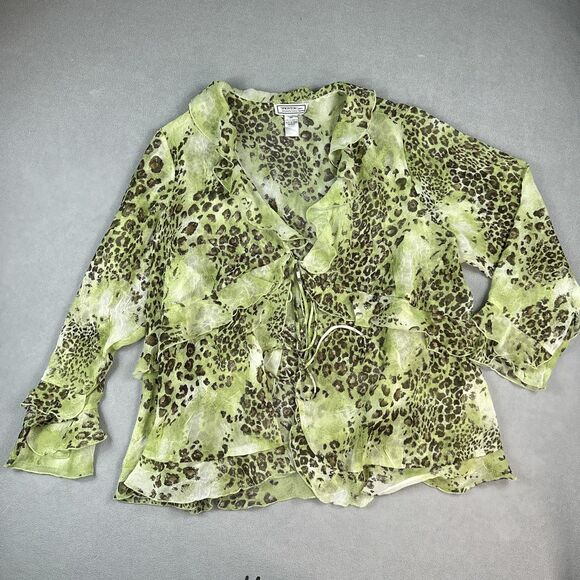 Simonton Says Blouse Womens 2X Leopard Sheer Ruffle Top Animal Print Y2K Flowy - Picture 1 of 9